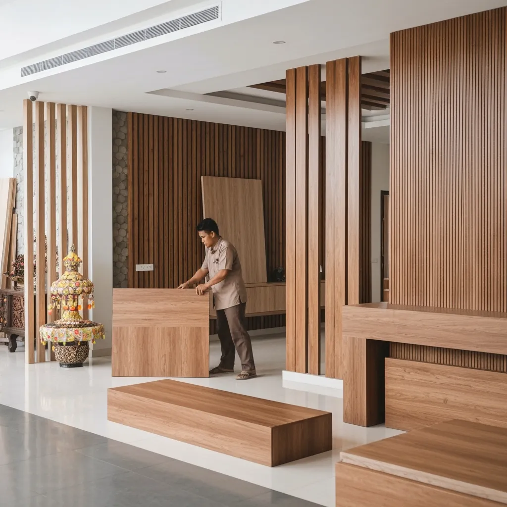 A man arranging wooden panels in a modern interior space with wooden slat walls and minimalist furniture