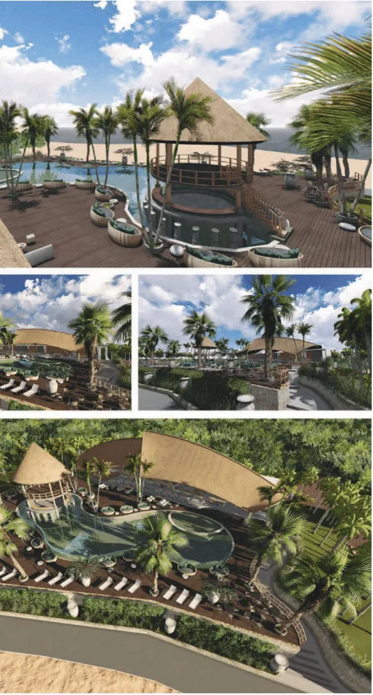 A luxurious tropical resort featuring a large, uniquely shaped swimming pool surrounded by palm trees, wooden decking, lounge chairs, and a thatched-roof pavilion, set against a backdrop of sandy beach and lush greenery.