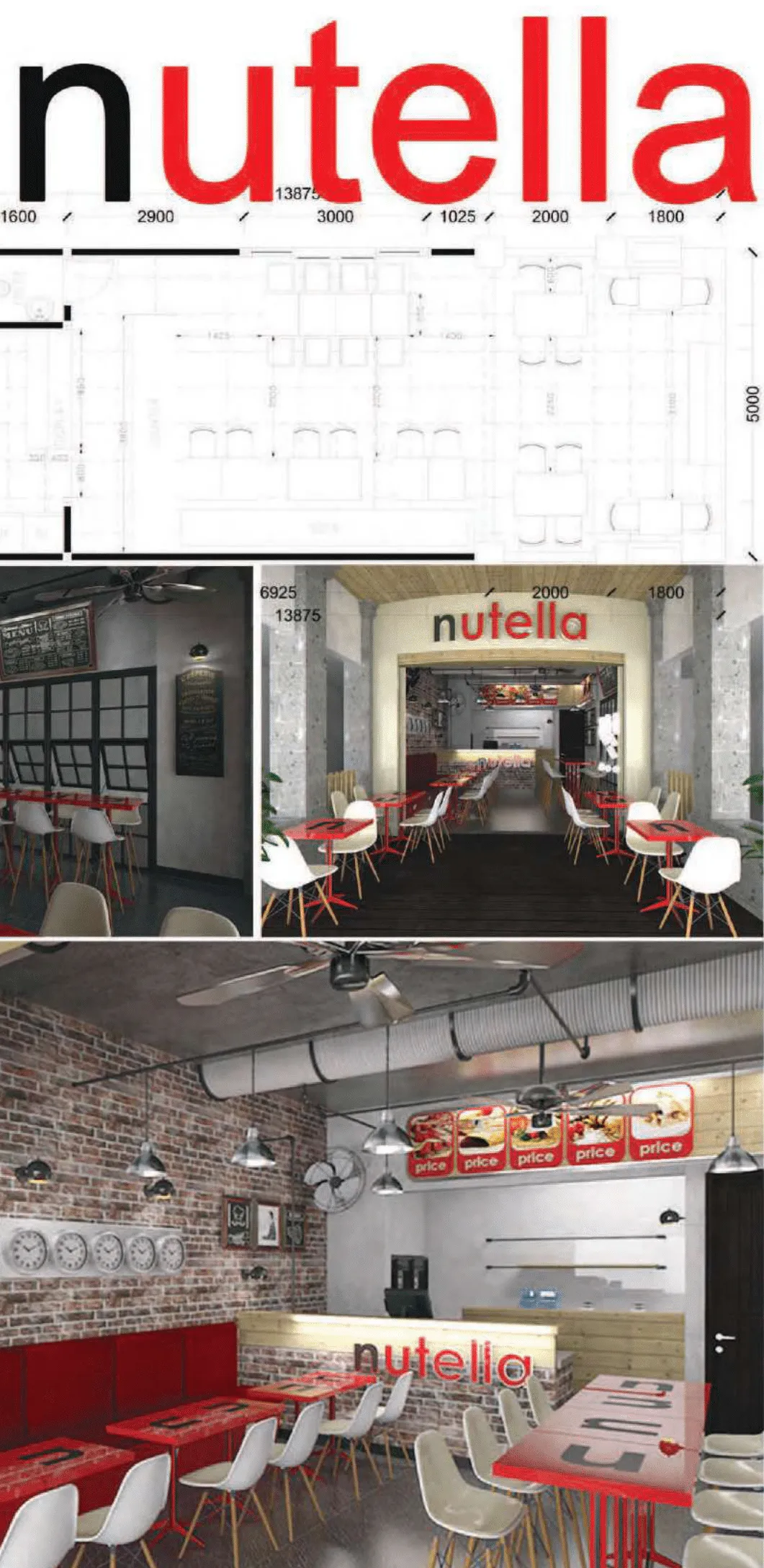 Interior design concept and floor plan for a modern café named Nutella featuring red and white seating, exposed brick walls, and industrial-style lighting.