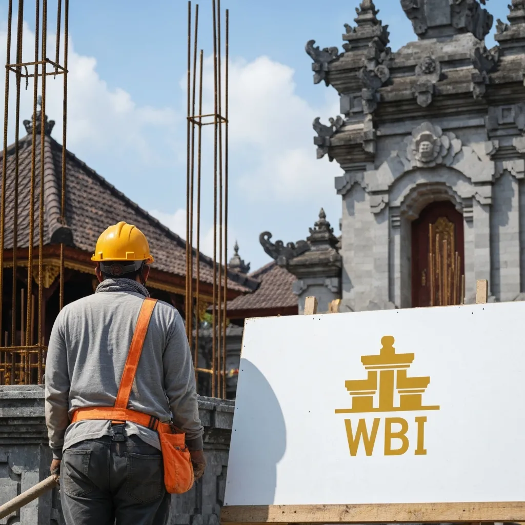 Construction worker wearing a yellow hard hat and orange safety harness standing near a traditional stone temple with a WBI signboard in the foreground