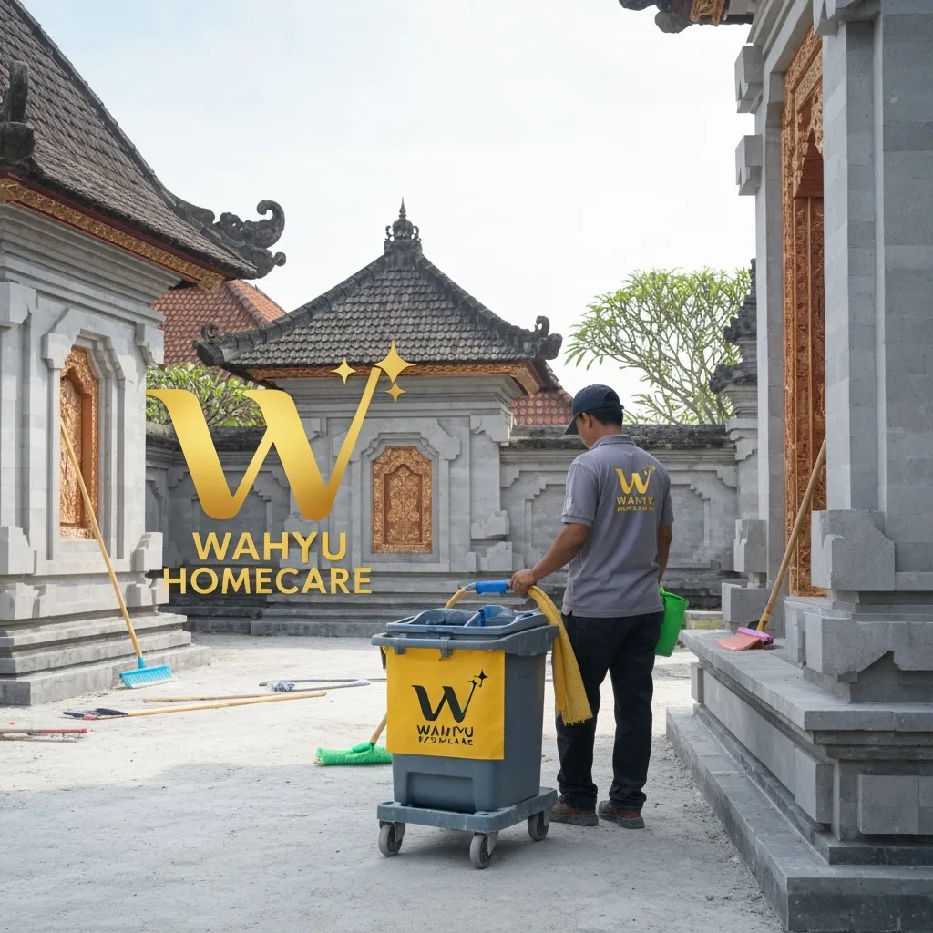 A Wahyu Homecare worker cleaning the courtyard of a traditional Balinese-style building with ornate stone carvings