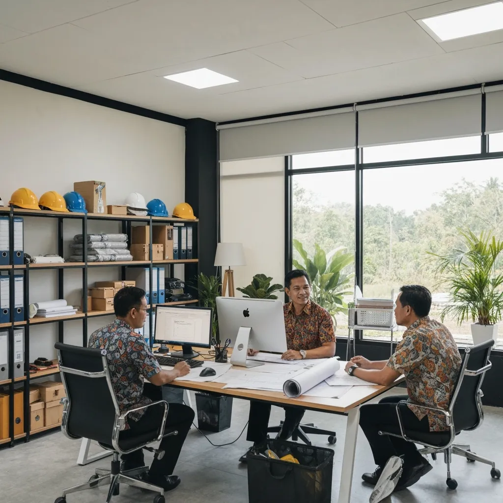 Tiga pria bekerja bersama di kantor modern PT. Wahyu Brahma International